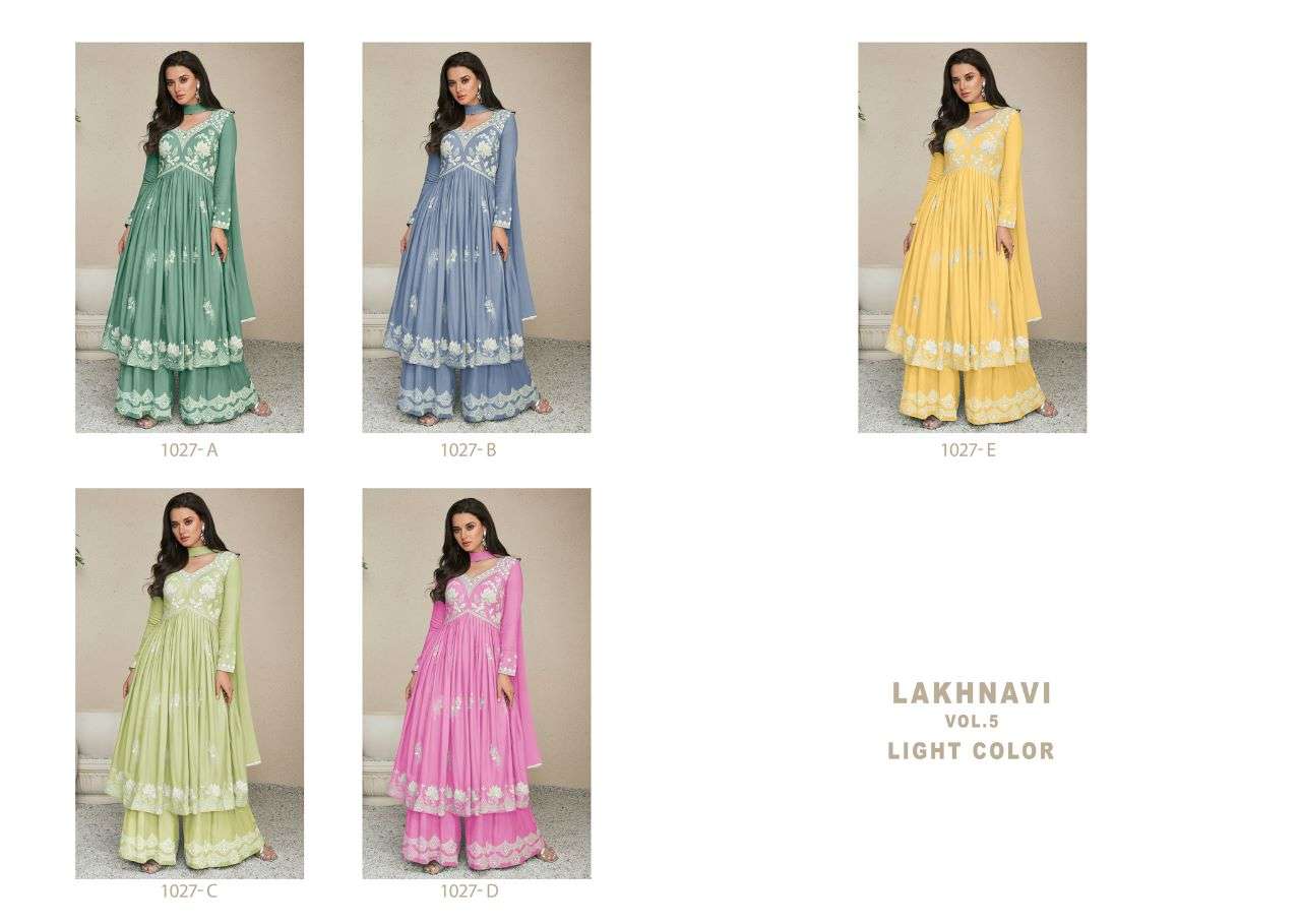 LAKHNAVI VOL 5 LIGHT COLOR HEAVY REYON LAKHNAQI WORK NAYRA CUT KURTI WITH PLAZZO AND NAZMIN DUPATTA BT VAMIKA BRAND INDEX